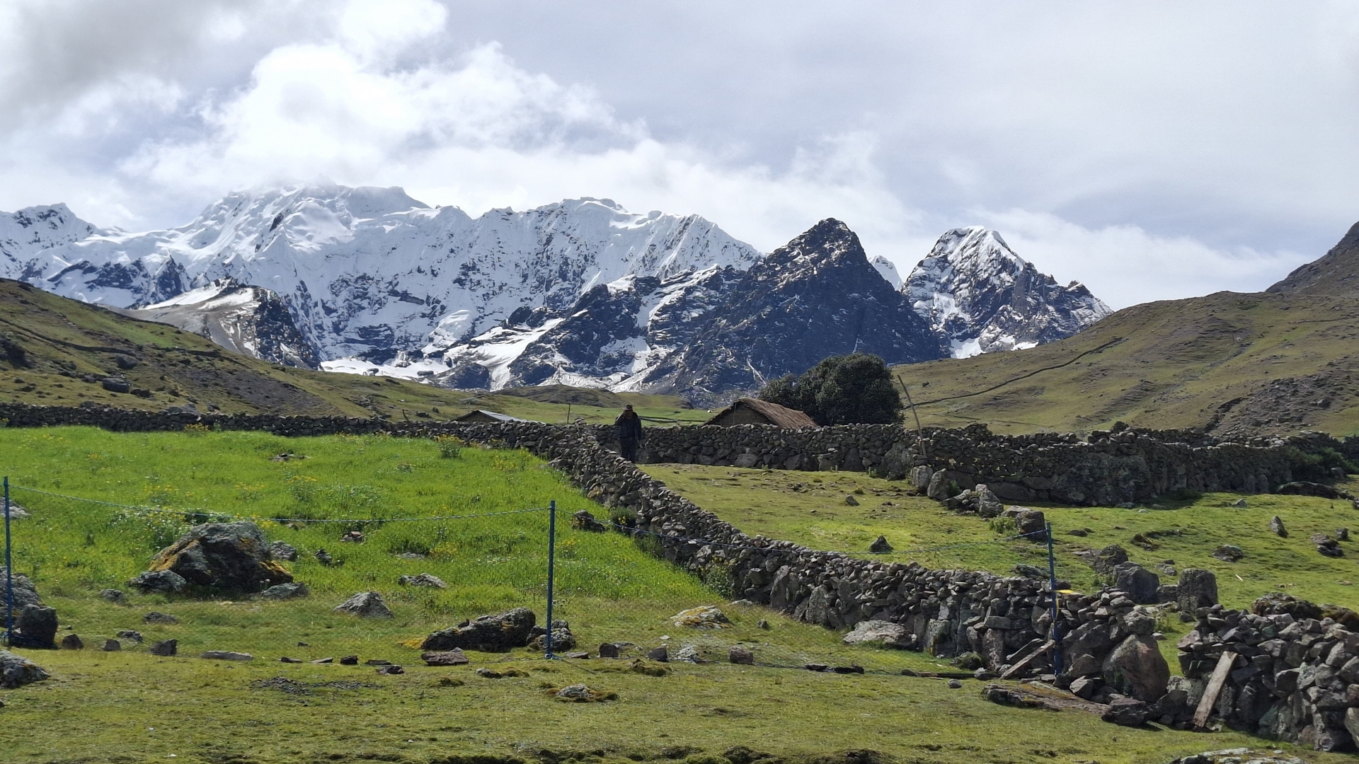 Ladera verde, muros de piedra y cordillera nevada
