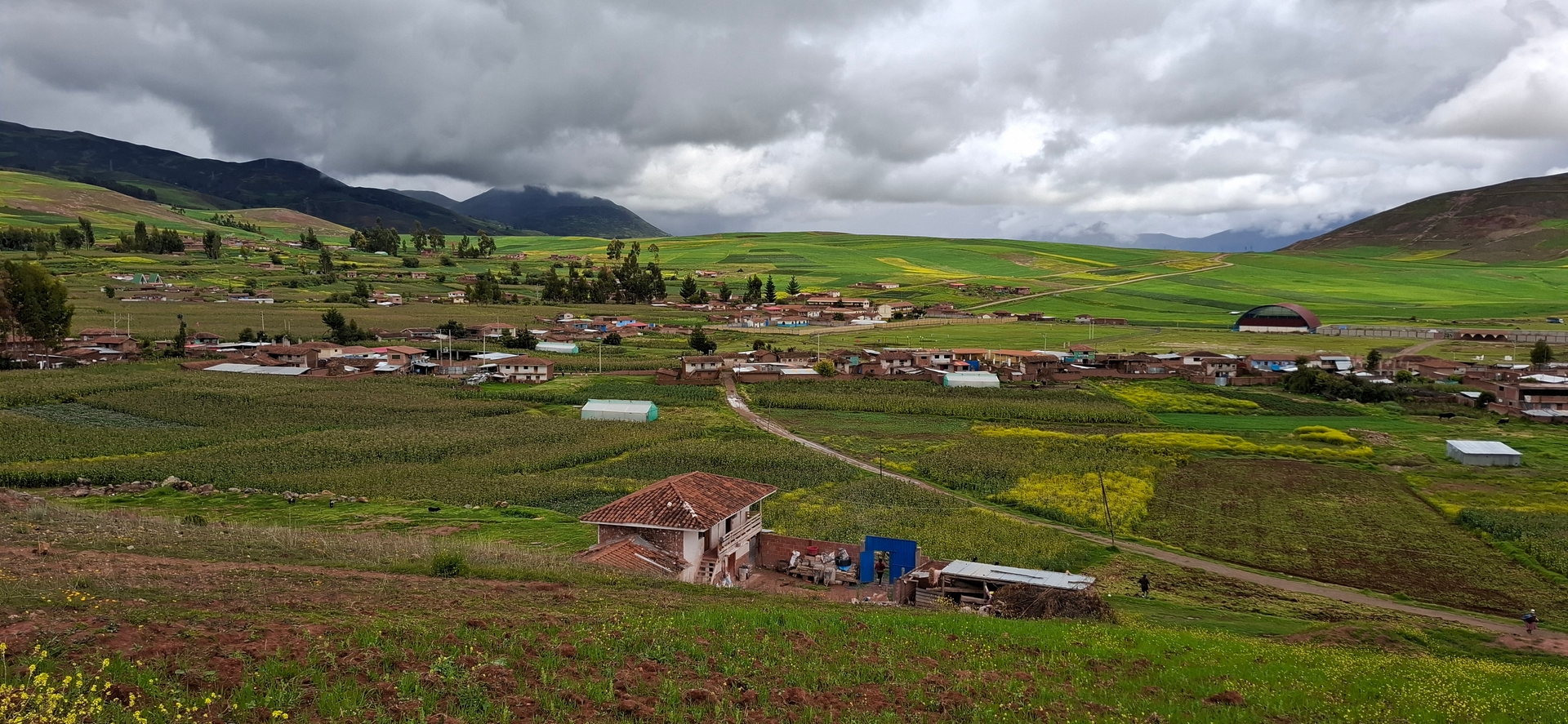 Campos, viviendas y caminos bajo el cielo andino