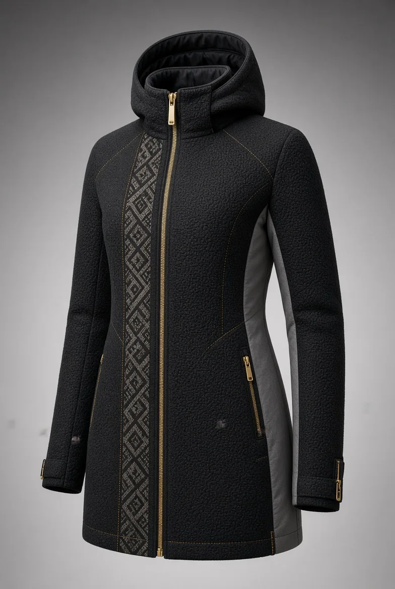 Chaqueta Ukuku de corte femenino, vista frontal, sobre fondo gris