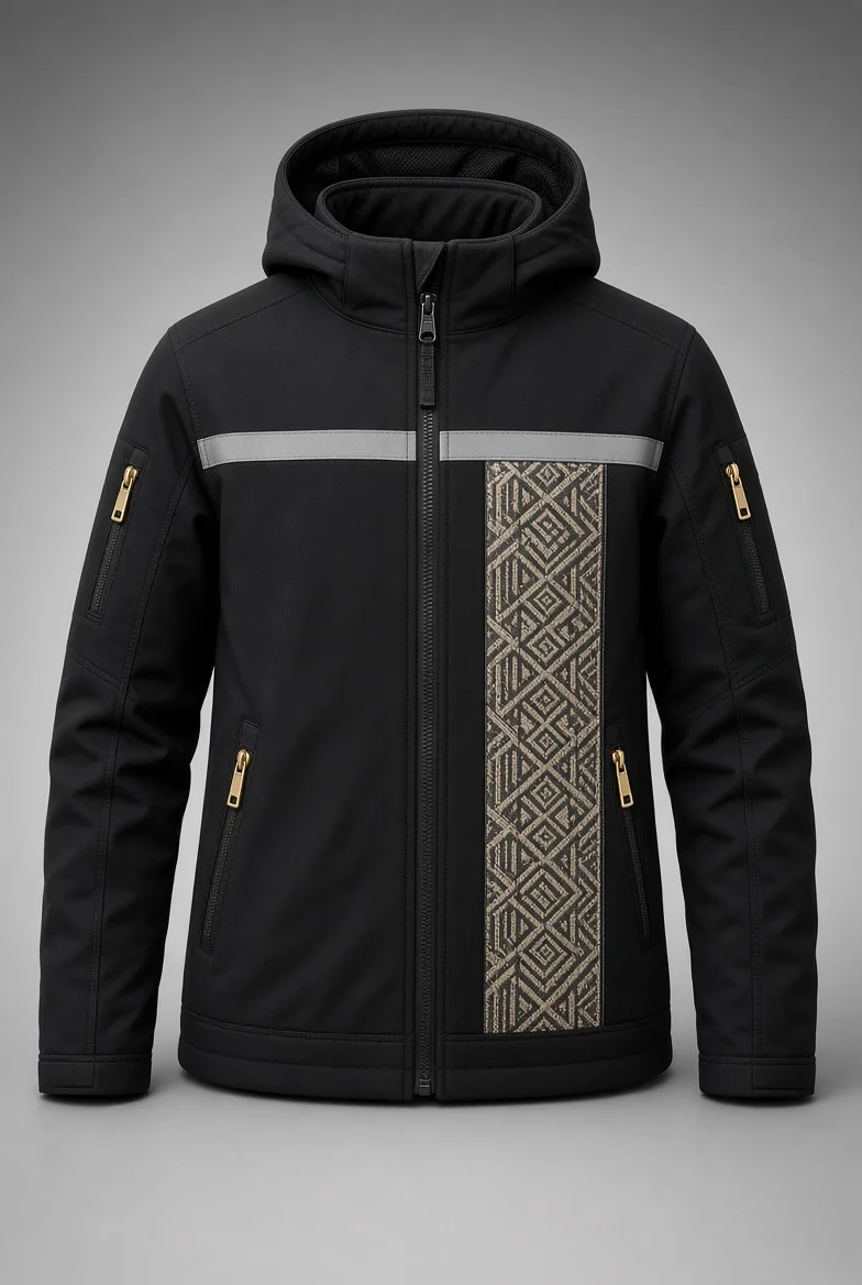 Chaqueta Ukuku en plano vertical, textura del panel visible