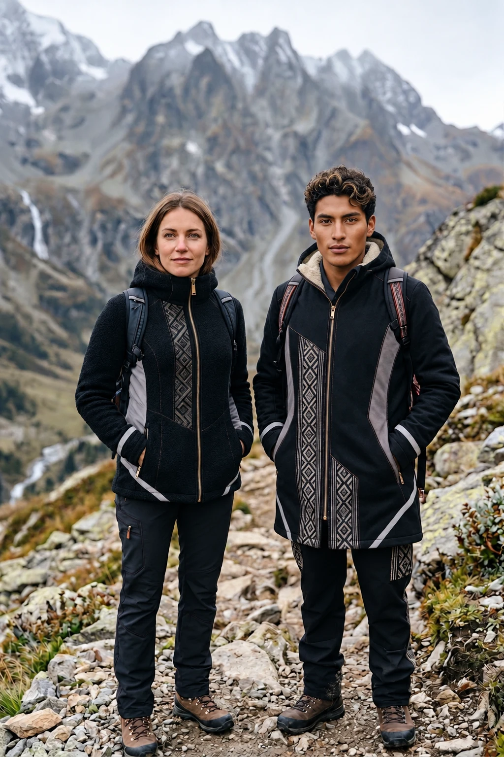 Dos personas con chaqueta Ukuku en un paso de montaña andino