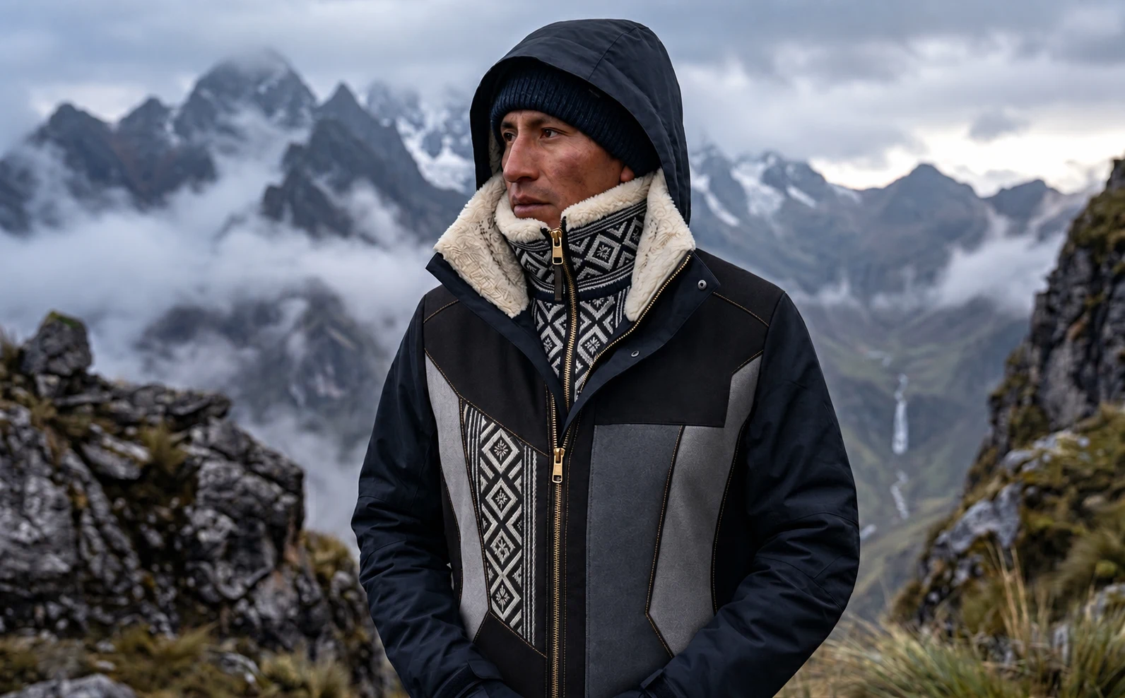 Hombre con chaqueta sin marca exterior, panel tejido y montañas al fondo